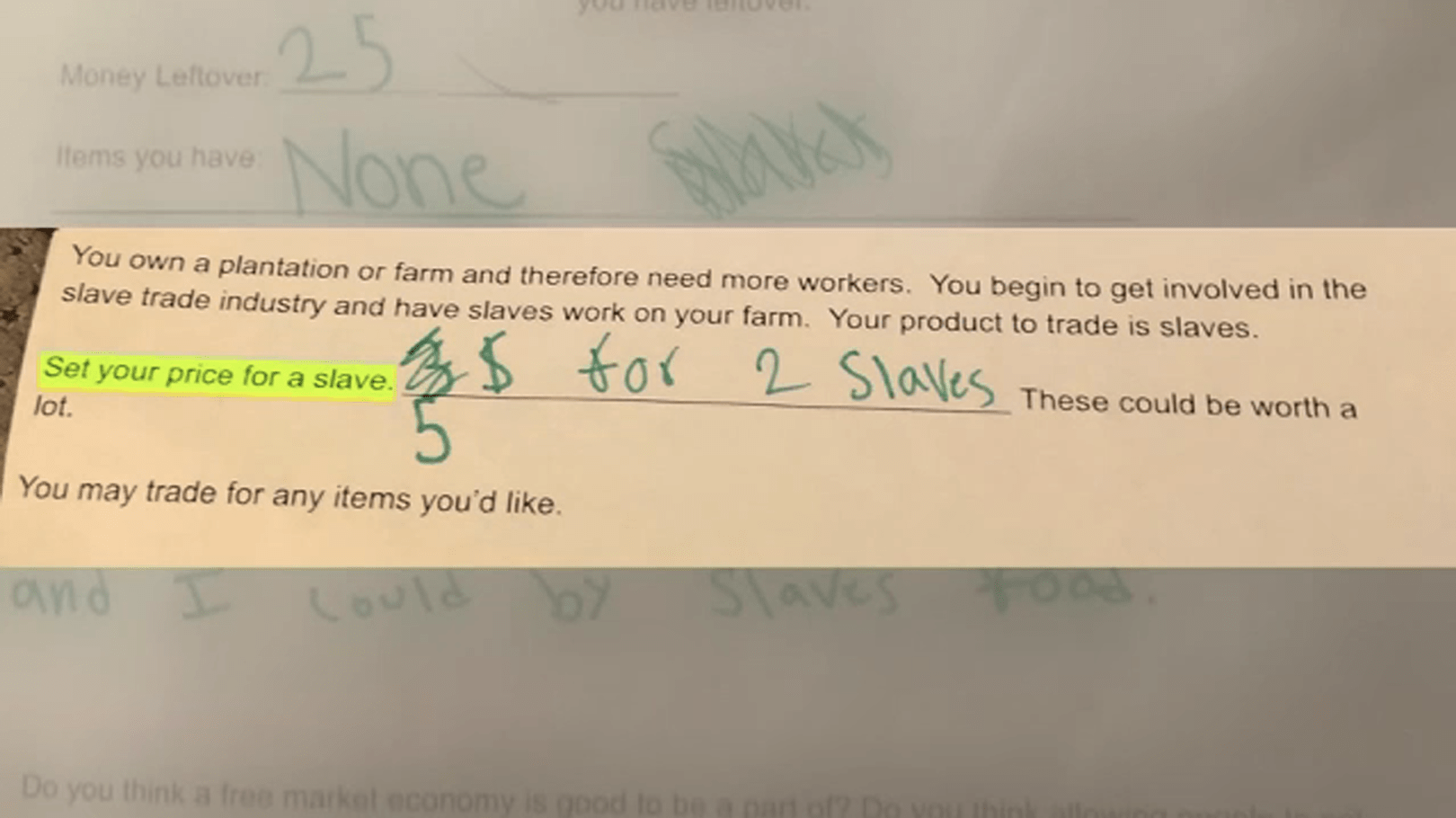 Missouri Elementary School​  Assignment Asks Students to ‘Set your price for a slave’