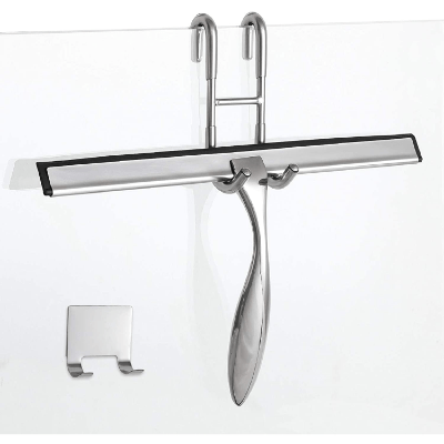 peafowl 10 inch Shower Squeegee Stainless Steel Bath Squeegee for Shower Glass Doors Bathroom Windows Kitchen Mirror and Car Glass with Hooks Holder 10 inch, Silver 