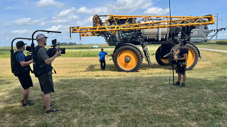 On location with Bella’s crew in Champaign, Illinois. L-R: Camera operators Nathan Thompson and Ian Cresswell use Blackmagic URSA Mini Pro 4.6 K G2 digital camera systems; Nutrien Ag Solutions Senior Manager, Innovation Farms, Thaddeus Bates; and location audio mixer Alonso Cacho.