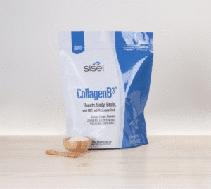 Sisel International's CollagenB3™ collagen supplement with MCT and hyaluronic acid shown on a wooden surface with a scoop of powder in front. Sisel International's CollagenB3™ collagen supplement with MCT and hyaluronic acid shown on a wooden surface with a scoop of powder in front.