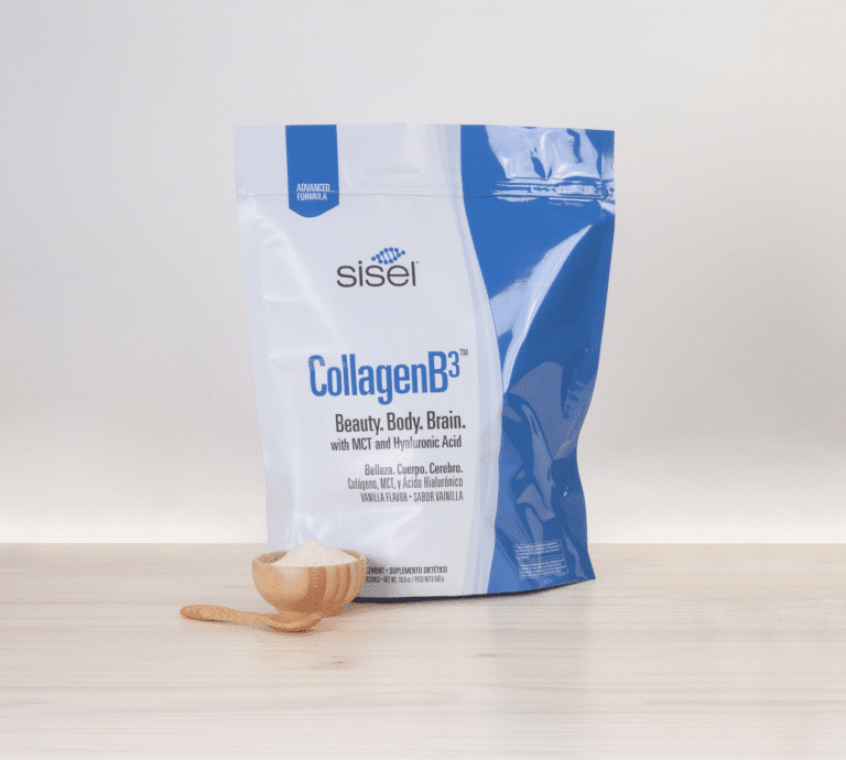 Sisel International's CollagenB3™ collagen supplement with MCT and hyaluronic acid shown on a wooden surface with a scoop of powder in front.