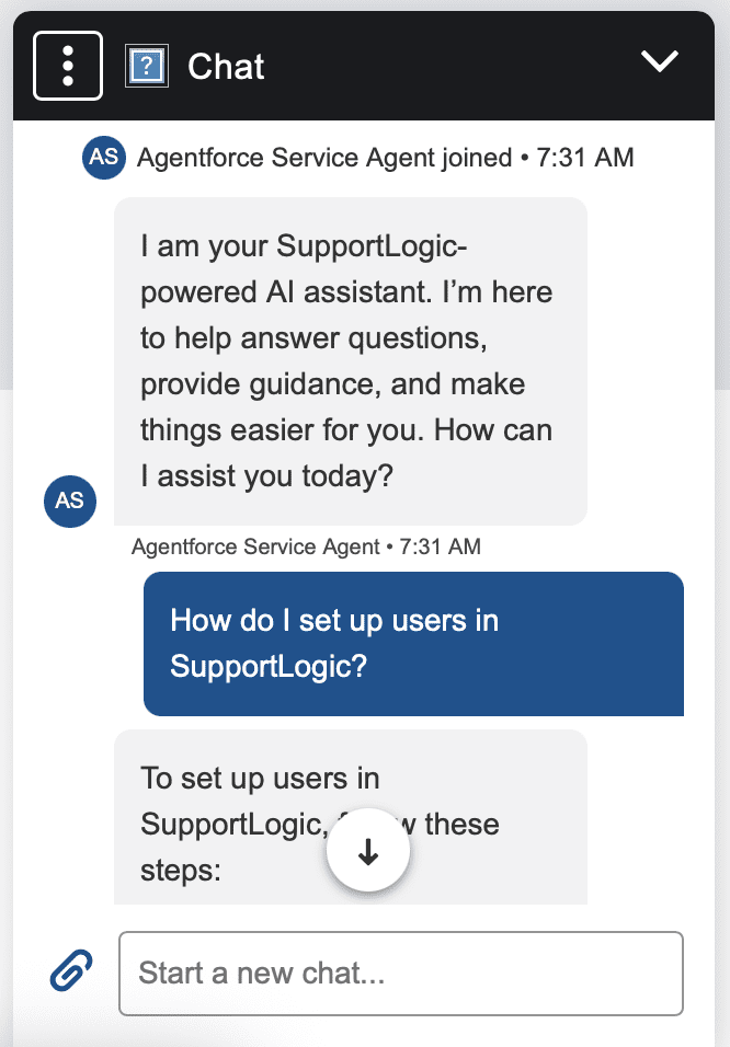 A screenshot of a real conversation between an AgentForce chatbot and a SupportLogic AI assistant.