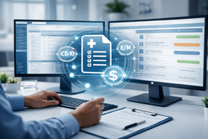 image of 2 computer screens showing healthcare billing process