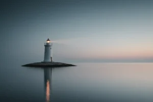 Solitary lighthouse on calm water casting a focused beam through soft dawn mist, symbolizing clear, steady leadership.