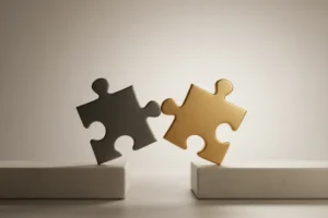 Two interlocking puzzle pieces form a small bridge over a gap on a neutral background, symbolizing investor–founder alignment.