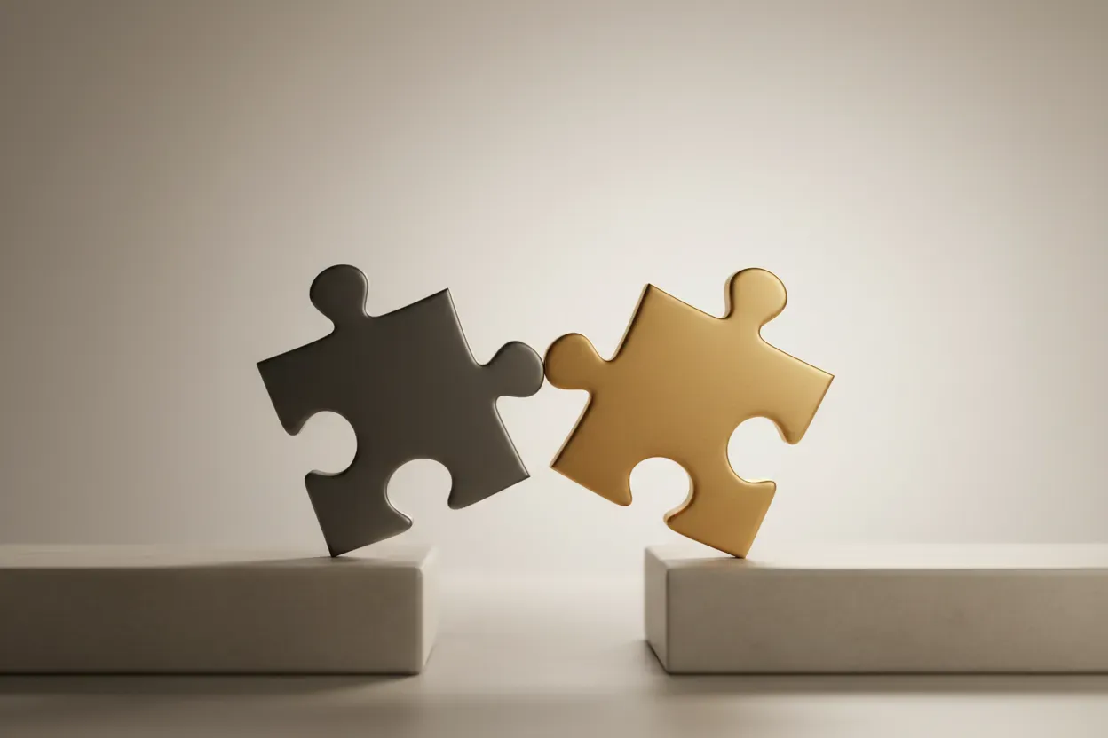 Two interlocking puzzle pieces form a small bridge over a gap on a neutral background, symbolizing investor–founder alignment. Two interlocking puzzle pieces form a small bridge over a gap on a neutral background, symbolizing investor–founder alignment.