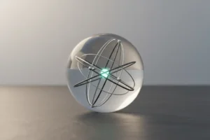 Glass sphere with minimal network and glowing central node on neutral background, symbolizing systems thinking and clarity.