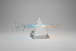 Glass prism splits a stream of colorful data dots into two paths—one bright and ordered, one dim and scattered—on a soft neutral background.