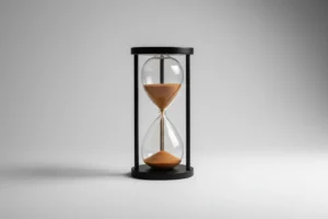 Minimalist hourglass with sand mid-flow on a soft gray background, symbolizing accountability and steady progress.