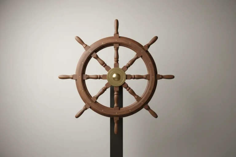 Single wooden ship’s wheel on a soft neutral background, warm light highlighting the brass hub.