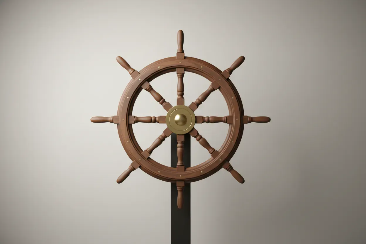 Single wooden ship’s wheel on a soft neutral background, warm light highlighting the brass hub. Single wooden ship’s wheel on a soft neutral background, warm light highlighting the brass hub.