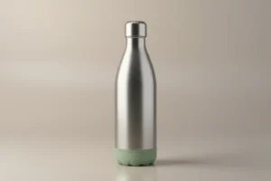Minimalist stainless steel reusable water bottle on a soft neutral background with gentle light and a clean shadow.