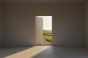 Minimalist open doorway reveals a sunlit, winding path through green hills, light spilling onto a neutral interior floor.