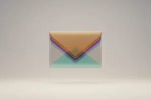 Layered translucent envelope in segmented colors on a soft neutral background, symbolizing email list segmentation.