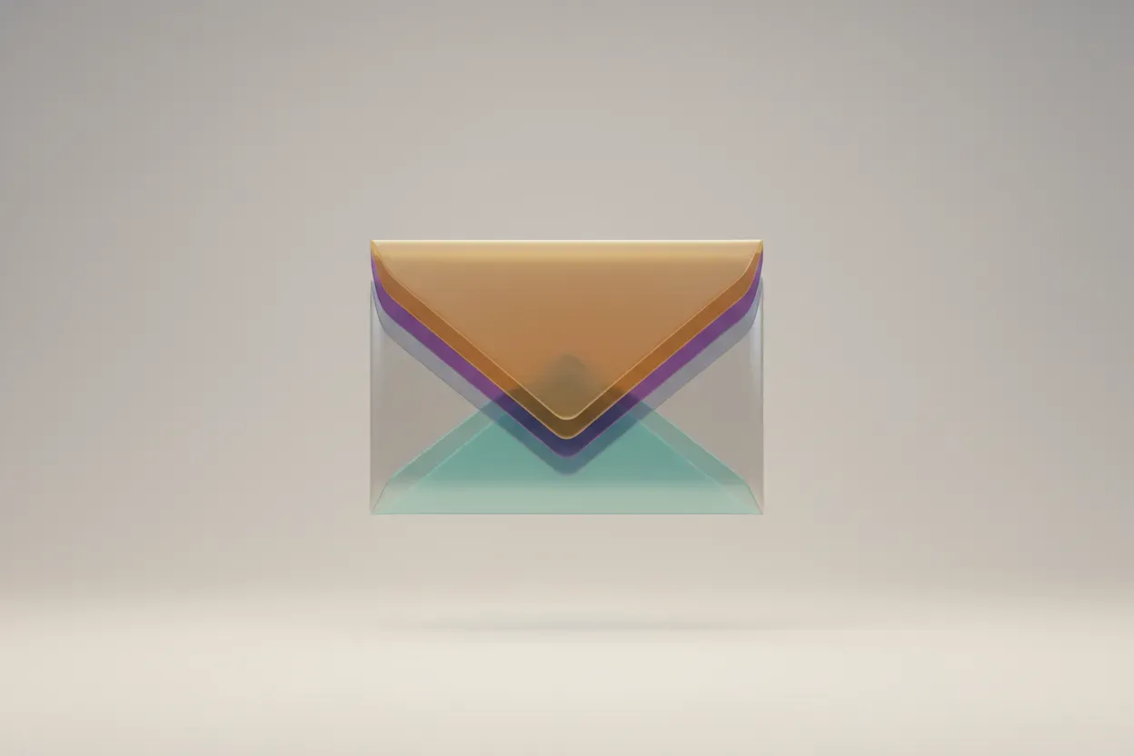 Layered translucent envelope in segmented colors on a soft neutral background, symbolizing email list segmentation.
