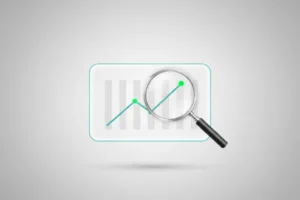 Magnifying glass over a rising line graph on a clean analytics card, symbolizing website SEO analysis and improvement.
