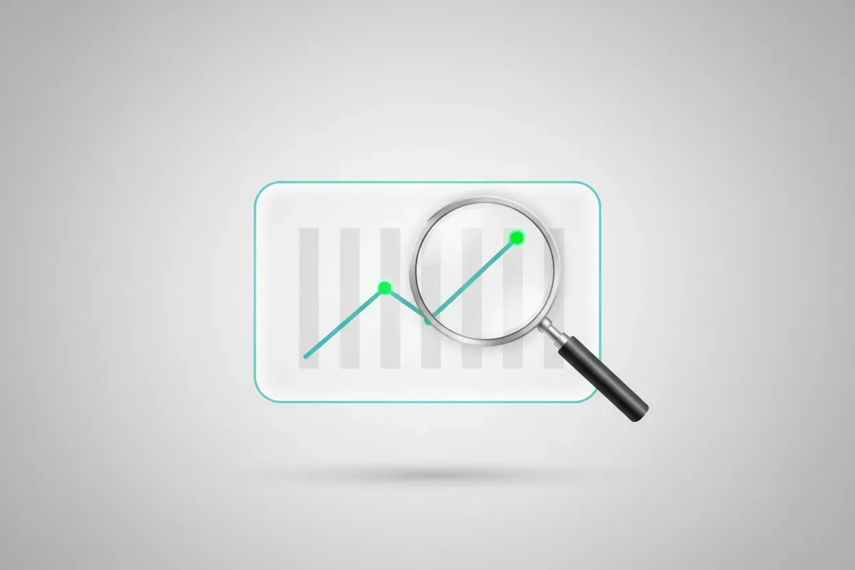 Magnifying glass over a rising line graph on a clean analytics card, symbolizing website SEO analysis and improvement. Magnifying glass over a rising line graph on a clean analytics card, symbolizing website SEO analysis and improvement.