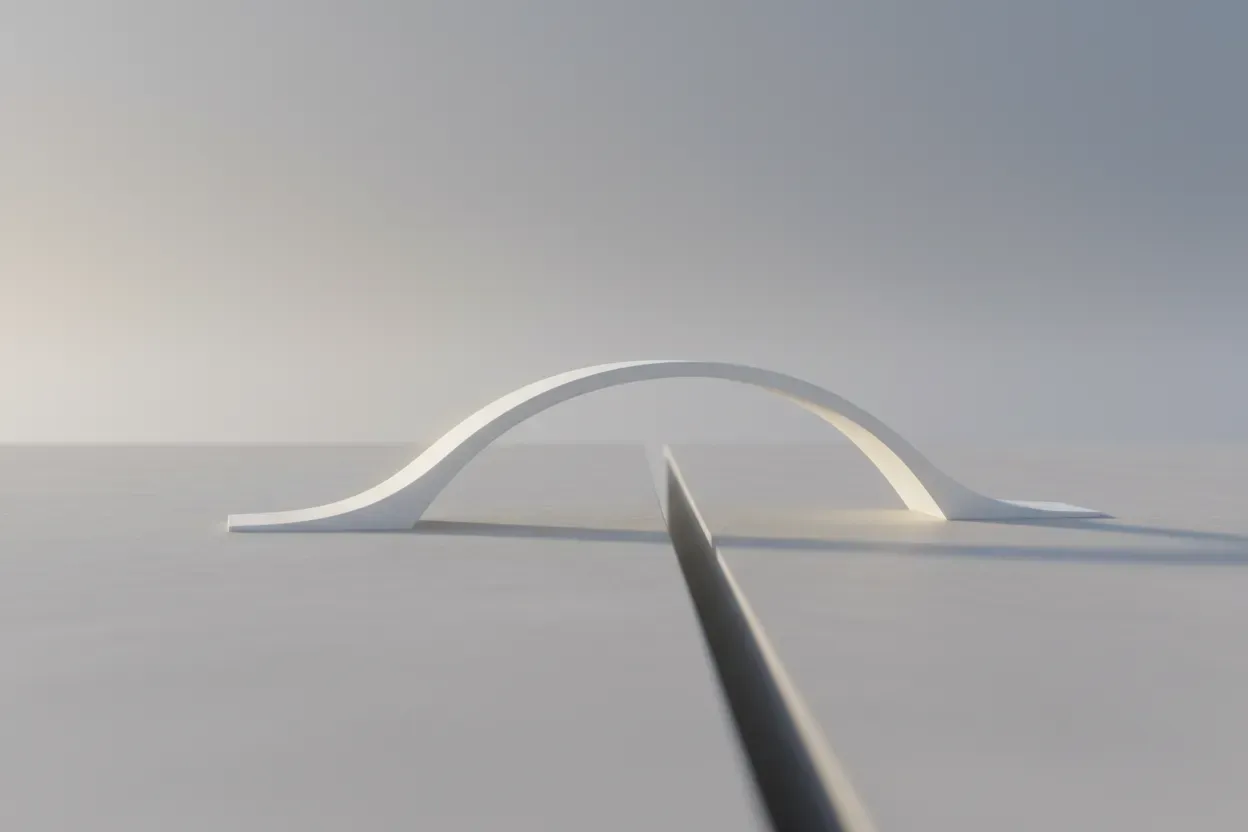 Minimalist white arch bridge in soft fog spans a gap, symbolizing overcoming obstacles and a clear path forward. Minimalist white arch bridge in soft fog spans a gap, symbolizing overcoming obstacles and a clear path forward.