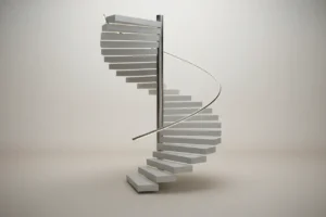 Minimalist spiral staircase rising toward soft light, symbolizing leadership development and career progression on a neutral background.