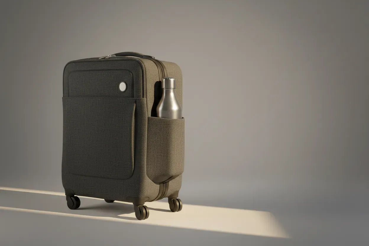 Minimalist carry-on suitcase with a stainless steel reusable water bottle against a soft neutral background.