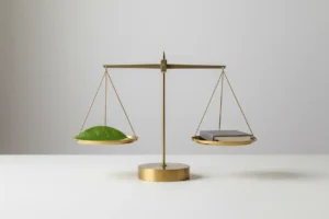 Minimalist balance scale with a green leaf and a closed notebook in equilibrium on a neutral background.