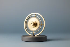Polished brass gyroscope spinning on a minimal stand against a soft gray-blue background, symbolizing resilient adaptability.