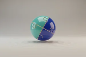 Translucent puzzle sphere with three interlocking pieces and soft ripples on a neutral background, symbolizing unified team communication.