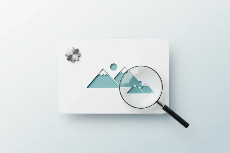 Magnifying glass over a clean image thumbnail with a subtle gear icon on a soft gradient background, symbolizing image SEO.