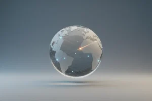 Translucent globe with glowing network paths on soft gradient background, one highlighted route symbolizing adaptive, globally connected leadership.