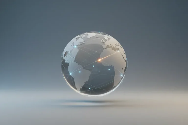 Translucent globe with glowing network paths on soft gradient background, one highlighted route symbolizing adaptive, globally connected leadership.