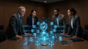 executives at a board room meeting, with a blockchain illustration in the middle of the table.