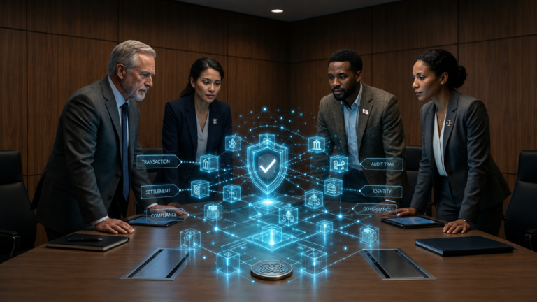 executives at a board room meeting, with a blockchain illustration in the middle of the table.