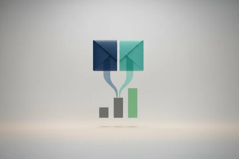 Split envelope with two flows merging into a bar chart, symbolizing email A/B testing and performance metrics.