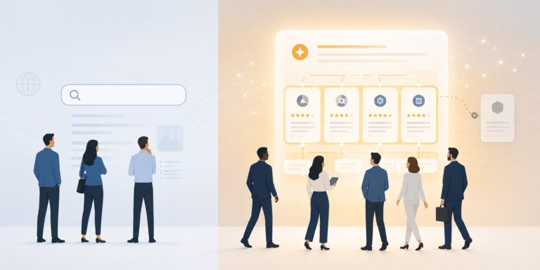 Split-screen illustration showing B2B buyers at a traditional search bar on the left and buyers reviewing an AI-generated shortlist of rated vendors on the right, with one option crossed out.