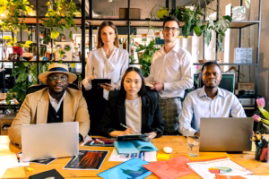 Diverse professionals collaborating in a modern office environment