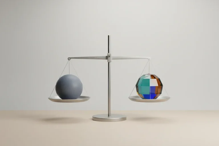 Minimal balance scale with a gray sphere and a multicolored sphere in perfect equilibrium on a soft neutral background.
