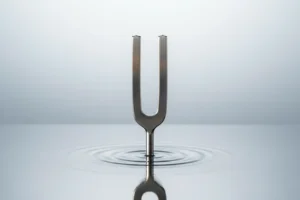 Polished tuning fork on a reflective surface with soft concentric ripples, set against a neutral gradient background.