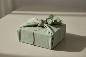 Fabric-wrapped gift tied with natural twine and a sprig of greenery on a soft neutral background.
