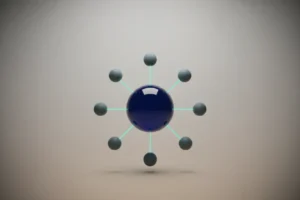 Central glossy sphere with teal lines to smaller nodes on a soft gradient, symbolizing strategic business networking.