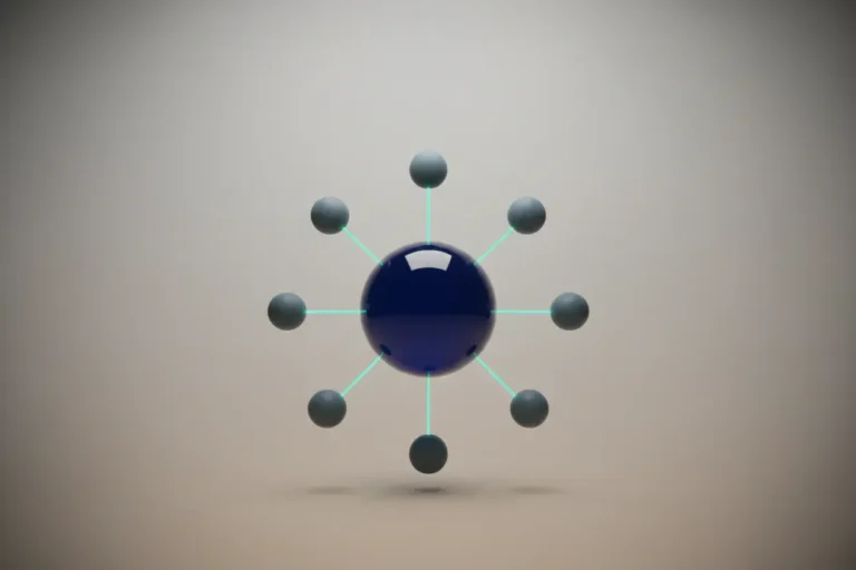 Central glossy sphere with teal lines to smaller nodes on a soft gradient, symbolizing strategic business networking.