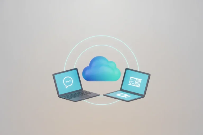 Central cloud hub linking laptop, tablet, and phone with light lines, symbolizing remote team collaboration on a soft background.