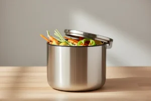 Modern countertop compost bin with fresh vegetable trimmings on a light kitchen surface, lit by soft daylight.