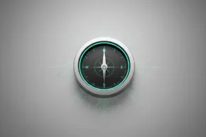 Modern compass on soft gray background with subtle circuit lines, symbolizing AI-augmented, data-informed leadership.