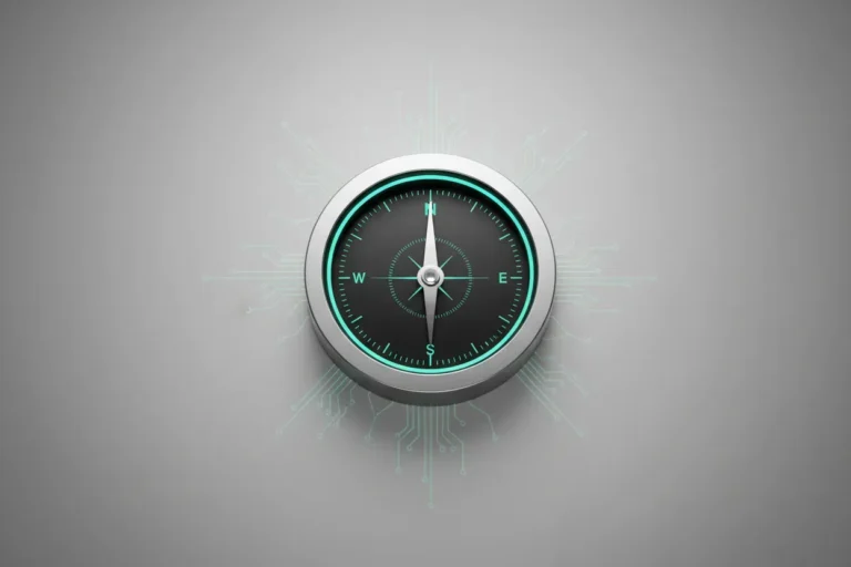 Modern compass on soft gray background with subtle circuit lines, symbolizing AI-augmented, data-informed leadership.