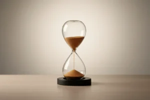 Minimalist hourglass with amber sand on a clean desk, soft neutral background, symbolizing focused time management.