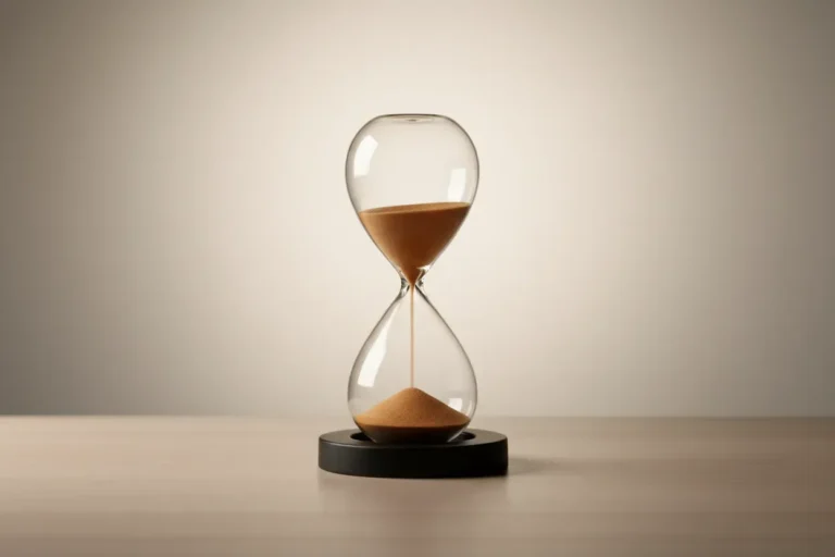 Minimalist hourglass with amber sand on a clean desk, soft neutral background, symbolizing focused time management.