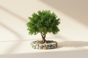 Healthy young tree rooted in a strong stone foundation, symbolizing company culture, shared values, and sustainable growth.
