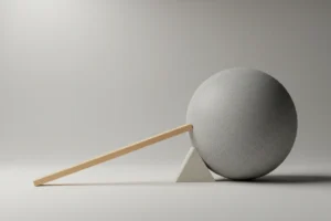 Wooden lever lifts a heavy stone sphere on a simple fulcrum, symbolizing small steps moving big resistance.