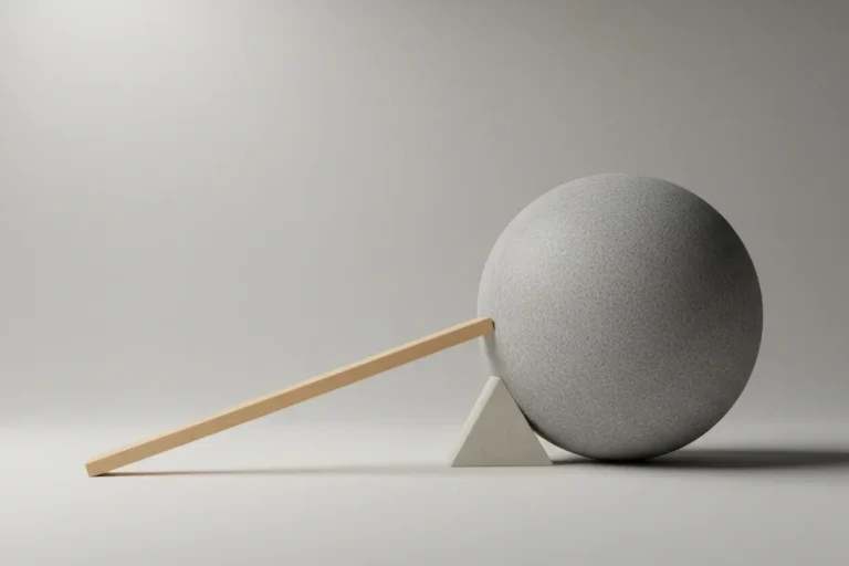 Wooden lever lifts a heavy stone sphere on a simple fulcrum, symbolizing small steps moving big resistance.