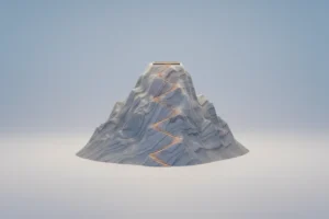 Minimalist stone mountain with a zigzag path narrowing at a pass, symbolizing a scaling bottleneck, on a soft gradient background.